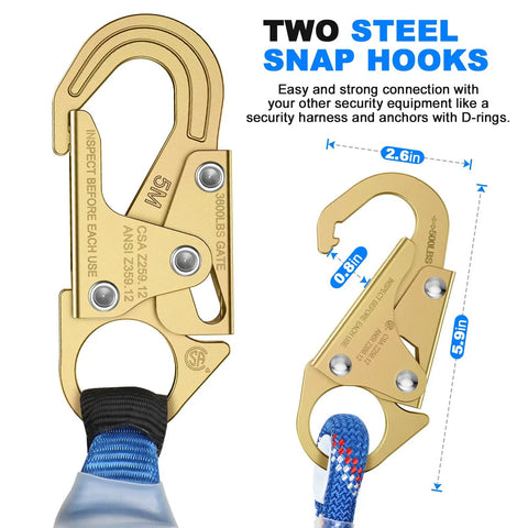 Two steel snap hooks of 50 Ft Vertical Lifeline System With Dual Rope Grab Hooks and Shock Absorber, Heavy Duty Pro Grade Fall Protection Rope For Roofing Safety, Climbing Kit, Durable Braided Line, CE And ANSI Certified shown measured on scale with text description highlighting connection security with safety gear.