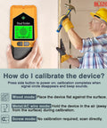 BLIZONTE Stud Finder Wall Scanner in use, demonstrating calibration steps for accurate detection of wall materials.