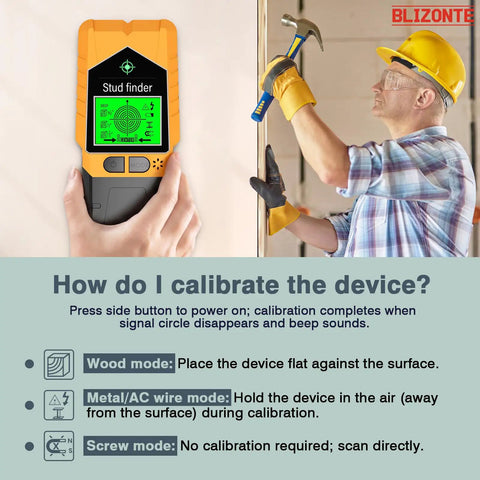 BLIZONTE Stud Finder Wall Scanner in use, demonstrating calibration steps for accurate detection of wall materials.