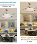 Semokia Ceiling Fan Light with Remote Gold Fan for Bedroom Living Room in summer and winter modes, showcasing air circulation features.