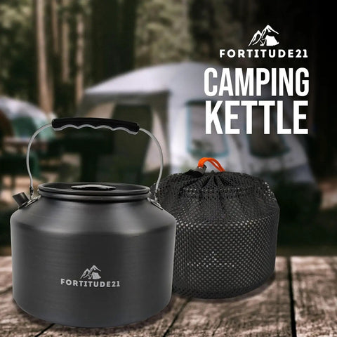 Stovetop Camping Kettle 2.2 Liter Teapot for Boiling Water and Tea Brewing, with carry bag, on outdoor camping scene