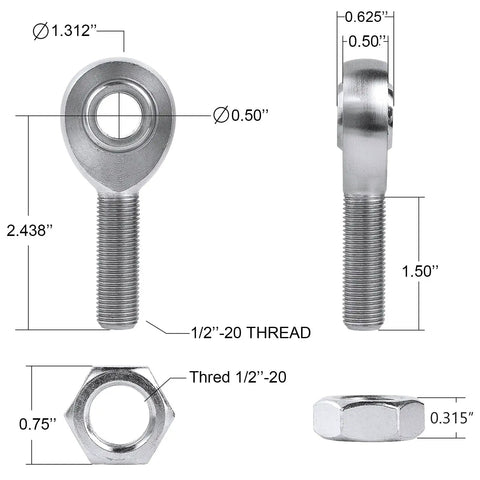 Half Inch Heim Joint Rod End Kit Chromoly Beefed Up Heavy Duty Left Hand Thread And Right Hand Thread Rod Ends With Jam Nut Panhard Rod End Kit Replacement For Off Road Trucks SUVs, 1/2-20 thread