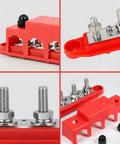 Road Ready 250A DC Power Distribution Bus Bar For Cars And Trucks With Four M8 Studs, red protective cover, showing M8 studs.