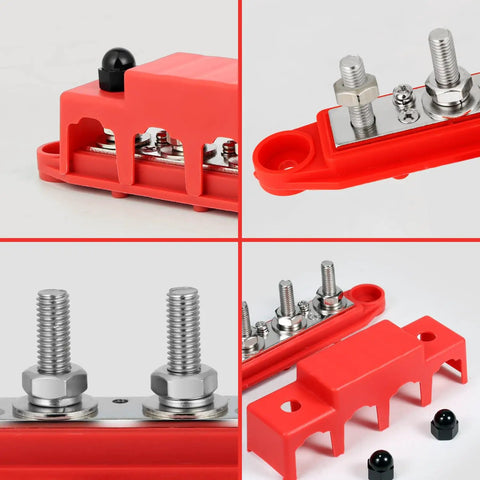 Road Ready 250A DC Power Distribution Bus Bar For Cars And Trucks With Four M8 Studs, red protective cover, showing M8 studs.