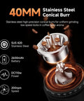 40mm stainless steel conical burr of Aaobosi Cordless Burr Coffee Grinder Rechargeable With 60 Settings for uniform grinding.
