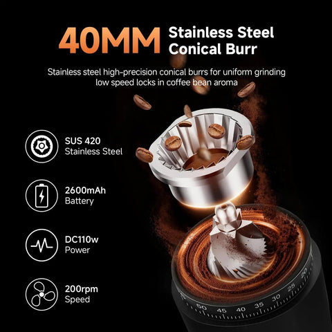 40mm stainless steel conical burr of Aaobosi Cordless Burr Coffee Grinder Rechargeable With 60 Settings for uniform grinding.