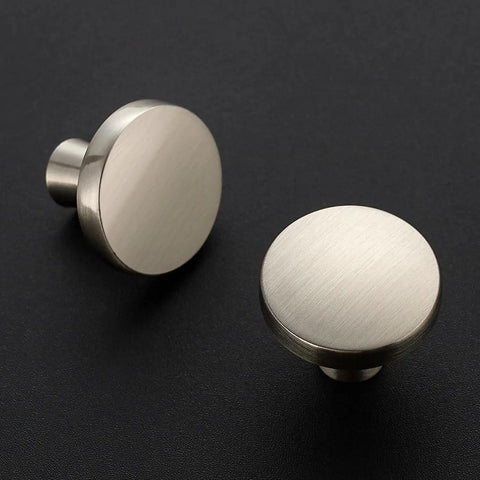 Slick Brushed Nickel Cabinet Knobs Rock Solid Zinc Pulls Single Hole Mount Quick Swap For Kitchen Drawers Fresh Home Hardware Upgrade Smooth Grip 10 Pack two brushed nickel cabinet knobs on dark background