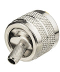 Close-up of a PL259 UHF Male Crimp Coax Connector, nickel-plated brass, 50 Ohm, for RG58 LMR195 cables, 3 GHz max frequency.