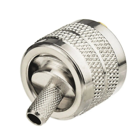 Close-up of a PL259 UHF Male Crimp Coax Connector, nickel-plated brass, 50 Ohm, for RG58 LMR195 cables, 3 GHz max frequency.