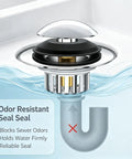 Bathtub Drain Stopper Pop-Up Tub Stopper Hair Catcher with odor resistant seal in a bathtub water.
