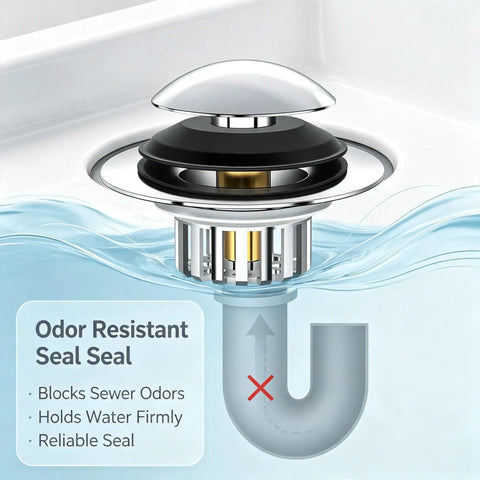 Bathtub Drain Stopper Pop-Up Tub Stopper Hair Catcher with odor resistant seal in a bathtub water.