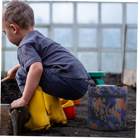 Child in garden with Portable Gardening Wearable Stool Grab And Go Lightweight Foam Work Seat for outdoor farming and camping.