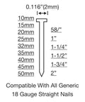 Straight Shooter Pneumatic Brad Nailer 18 Gauge shows sizes of compatible nails from 5/8 to 2 inches for precise trimming.