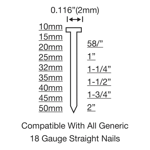 Straight Shooter Pneumatic Brad Nailer 18 Gauge shows sizes of compatible nails from 5/8 to 2 inches for precise trimming.
