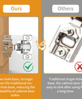 Comparison image of Rock Solid Quarter Inch Overlay 3D Soft Close Concealed Hinges For Kitchen Cabinets with two-hole and single-hole bases.