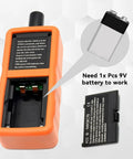 Heavy Duty Tpms Relearn Tool Oec-T5 For No Mess Automotive Tire Pressure Sensor Activation Reset and Dead Easy Programming Setup Fits Virtually Any Ride Orange, showing battery compartment and 9V battery requirement.