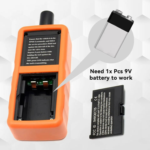 Heavy Duty Tpms Relearn Tool Oec-T5 For No Mess Automotive Tire Pressure Sensor Activation Reset and Dead Easy Programming Setup Fits Virtually Any Ride Orange, showing battery compartment and 9V battery requirement.