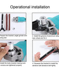 Solid Quality Belt Sander Adapter For Angle Grinders installation steps showing angle grinder, sanding belt, and bracket adjustments.