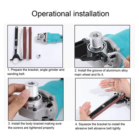Solid Quality Belt Sander Adapter For Angle Grinders installation steps showing angle grinder, sanding belt, and bracket adjustments.
