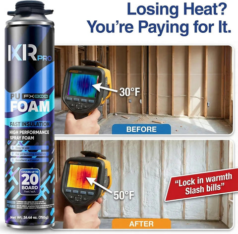Heavy Duty Spray Foam Insulation With Rapid Hardening Expanding Sealant 12 Pack Of 26.46 Oz Cans, insulation temperature test before and after.