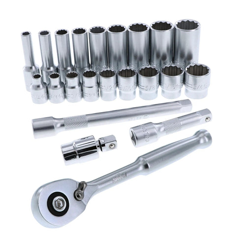 22 Piece Three Eighths Inch Drive Socket Tray Set For Standard And Deep Sockets SAE With 72 Tooth Ratchet And 5 Degree Swing