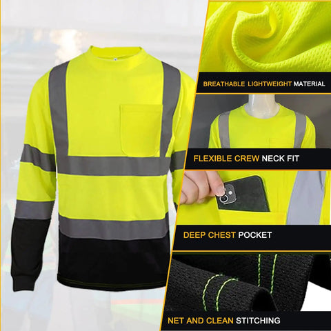 Hi Vis Long Sleeve Safety Shirts For Men 4 Pack Reflective Construction Workwear With Pockets Moisture Wicking Birdseye Knit Lightweight Breathable 100 Percent Polyester Yellow And Black displayed with pocket and stitching details