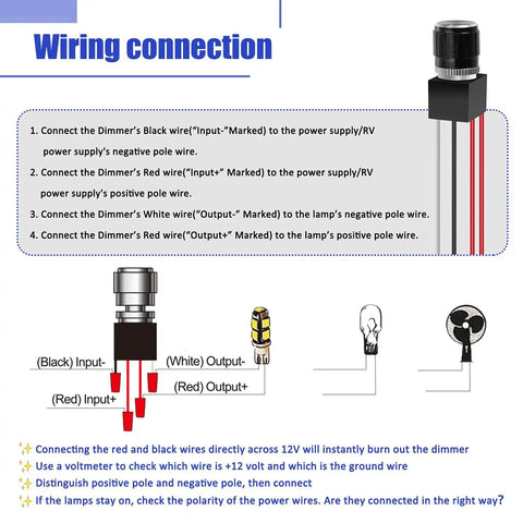 Wiring connection diagram for Road Ready Smooth Flicker Free DC Led Dimmer Switch For RV Camper Interior Lighting.