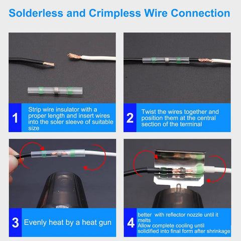 Step-by-step guide using 252 Piece Heat Shrink Solder Seal Wire Connectors Kit With 120 Solder Seal Butt Connectors And 132 3 To 1 Heat Shrink Tubing