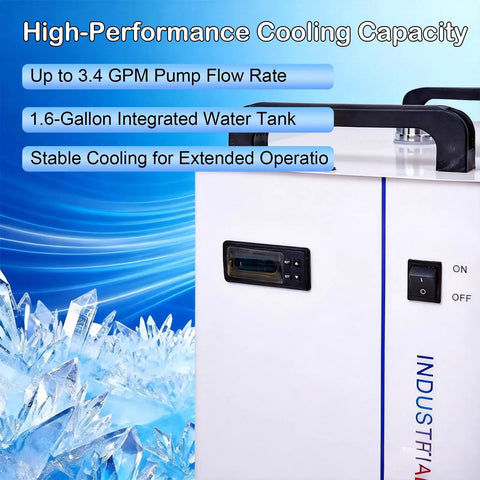 Heavy Duty Industrial Water Chiller With Six Liter Cooling Tank And Zero Point Nine Horsepower Pump To Keep CO2 Laser Engravers Locked In And Cutting Clean On The Shop Floor, showing integrated water tank and control panel.
