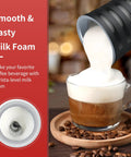 4 In 1 Electric Milk Frother For Hot And Cold Foam, Temperature Control And Auto Shut Off, Perfect For Lattes, Cappuccinos, Macchiatos And More, Sleek Stainless Milk Warmer For Barista Grade Froth At Home pouring foam into coffee