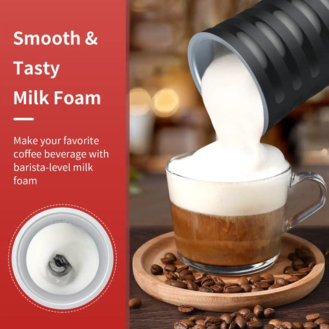 4 In 1 Electric Milk Frother For Hot And Cold Foam, Temperature Control And Auto Shut Off, Perfect For Lattes, Cappuccinos, Macchiatos And More, Sleek Stainless Milk Warmer For Barista Grade Froth At Home pouring foam into coffee