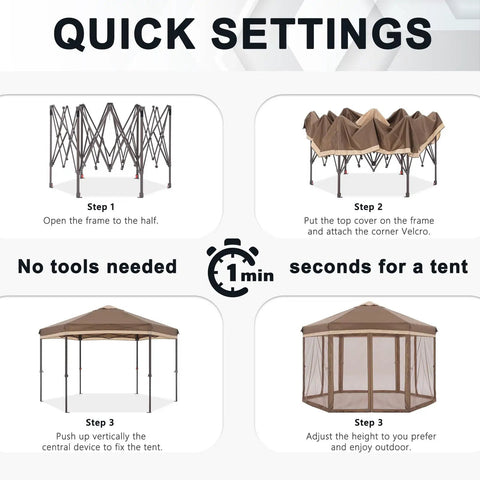Diagram showing setup of Pop Up Canopy Tent 10x12 With Mesh Walls Six Sides Gazebo Patented One Step Lock Tech No Tools Needed