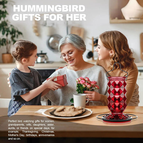 Outdoor Hummingbird Feeder With Perch And Five Flower Feeding Ports 25 Oz Glass Nectar Feeder Leak Proof displayed on table