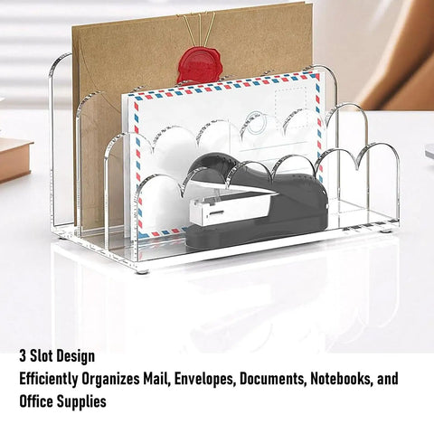 Clear 3 Slot Desktop Letter Holder With Wavy Design Acrylic Mail Tray organizing envelopes and documents