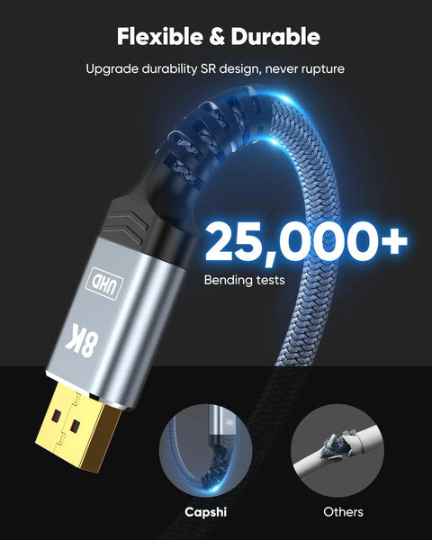 Rock Solid Fiber Optic DisplayPort 1.4 Cable 50 Feet flexible design with braided exterior for durability and 25,000+ bending tests.