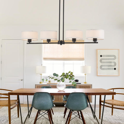 Rectangular Farmhouse Wood Pendant Light With 4 Light Industrial Chandelier in dining room setting, rustic country style, adjustable chain