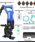 Heavy Duty Electric Hydraulic Hole Punch Kit For Metal With 1200W Motor Delivers Quick 20 Ton Punch And Slices Holes In Steel Aluminum Copper And Iron Plates With Die Set For Quarter, Three Eighths, Half, Thirteen Sixteenths Inch Holes, showing components