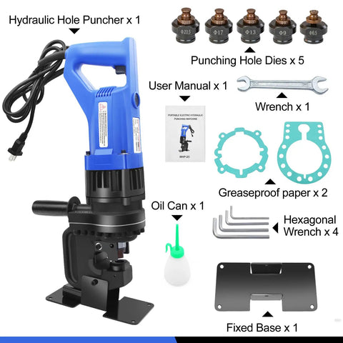 Heavy Duty Electric Hydraulic Hole Punch Kit For Metal With 1200W Motor Delivers Quick 20 Ton Punch And Slices Holes In Steel Aluminum Copper And Iron Plates With Die Set For Quarter, Three Eighths, Half, Thirteen Sixteenths Inch Holes, showing components