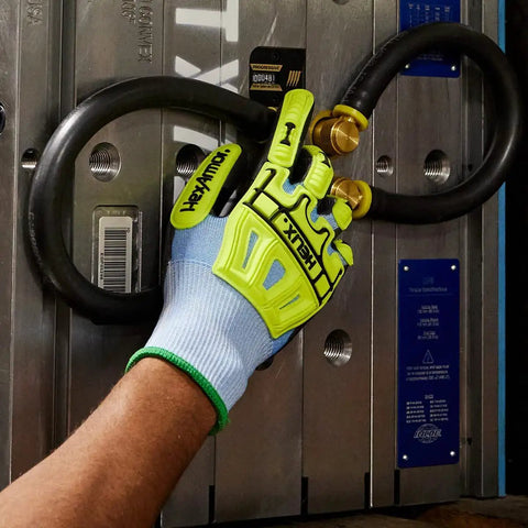 Cut-Resistant Work Gloves With Polyurethane Palm For Maximum Impact Protection Helix Core 3012 in use on machinery