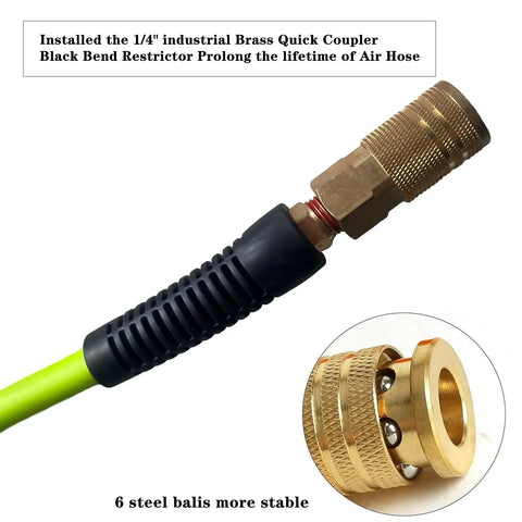 Close-up of Air Hose 3/8 In By 10 Ft Beefed-Up Heavy Duty Hybrid Air Compressor Hose with 1/4 In Solid Brass Male Fitting
