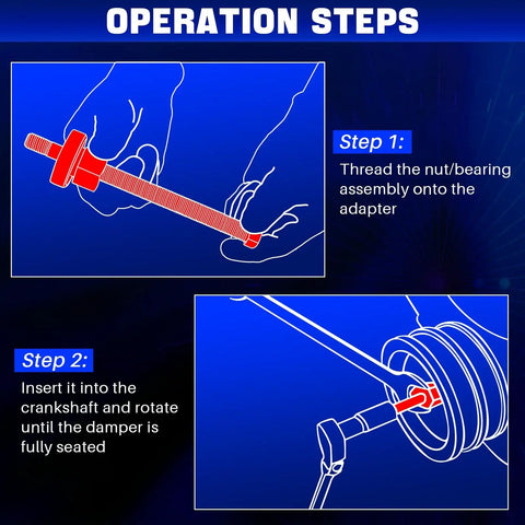 Diagram showing steps to use Long Reach Crank Pulley Underdrive Damper Installation Tool Kit on V8 V6 engines