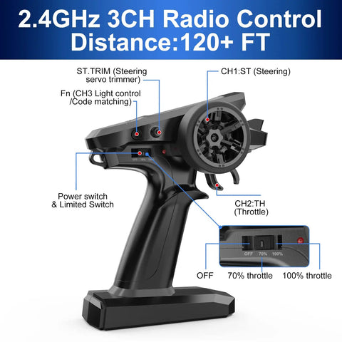 Remote control for 1/16 Scale Brushless 4x4 RC Truck With Dual Lipo Batteries, showing steering wheel and switches, 3CH radio