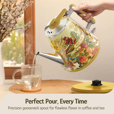 Retro 1L Electric Kettle Cordless 800W Fast Boil Double Wall 304 Stainless Steel BPA Free Auto Shut Off Compact One Cup Brew Buddy For Tea And Coffee Eduardo Recife Collaboration Edition, floral design, pouring water into a glass cup.