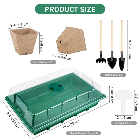 6 Pack Seed Starter Tray Kit With 120 Square Peat Pots Plant Labels And Mini Garden Tools Germination Trays With Transparent Covers Paper Starter Pods For Seedlings Perfect For DIY Indoor Seed Starting And Easy Transplanting