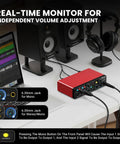 Red 4 In 2 Out USB Audio Interface with 48V Phantom Power 24Bit 192kHz Recording next to speakers and headphones