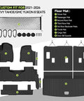 Diagram of All Weather TPE Floor Mats For 2021 To 2026 Chevy Tahoe And GMC Yukon 8-Seat Models showing mats and accessories.