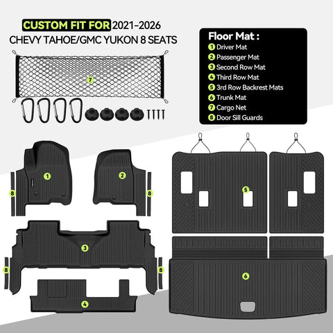 Diagram of All Weather TPE Floor Mats For 2021 To 2026 Chevy Tahoe And GMC Yukon 8-Seat Models showing mats and accessories.