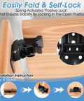 Heavy Duty Pack Of Eight Folding Brackets With Self Locking Hinges And Ridiculously Secure Non Slip Pads For Solid Table Bed Or Desk Leg Support That Folds Flat showing a black steel hinge on wood.