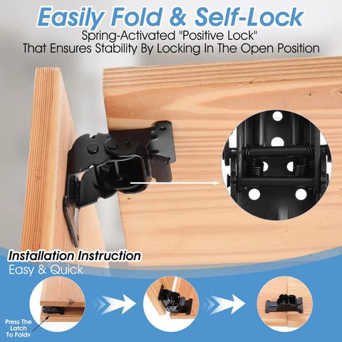 Heavy Duty Pack Of Eight Folding Brackets With Self Locking Hinges And Ridiculously Secure Non Slip Pads For Solid Table Bed Or Desk Leg Support That Folds Flat showing a black steel hinge on wood.