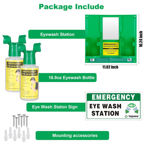 Package contents of Portable Dual Eyewash Station Kit with 16oz bottles, wall mount, ANSI Z3581 2014 certified, OSHA approved, 2 pack.